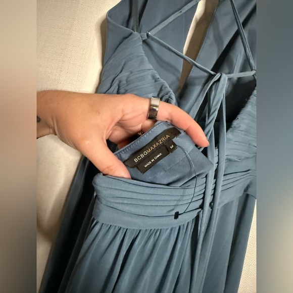 BCBGMaxAzria Blue High Neck Pleated Cross Back Maxi Dress Medium - Picture 5 of 13